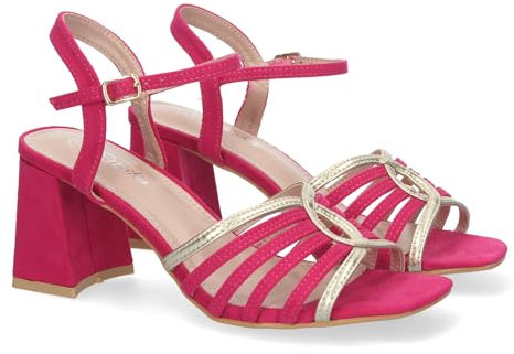 shoes&blues.es 81606-Sandalia de Tacon para Mujer, Comodas, con Adorno en la Pala, Cierre de Hebilla, Ideal para Eventos.. Talla 36 Fucsia