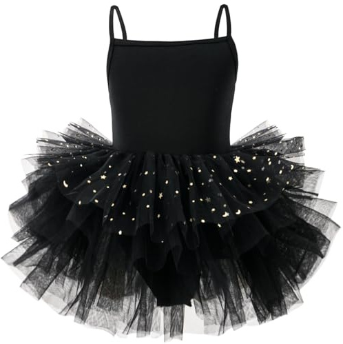AIEOE Fille Robe de Ballet Danse Tutu Justaucorps Robe Danse Tutu Tulle Enfant Manche à Volants (Entrejambe avec Bouton) 4-6 Ans Noir A