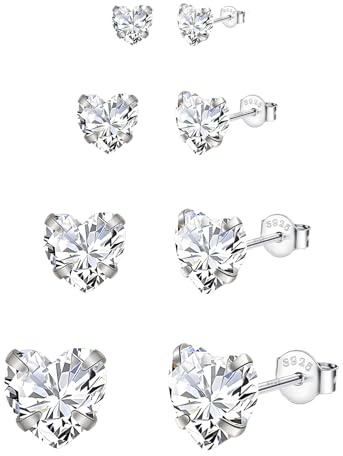Hinvan Boucles d'Oreilles en Argent Sterling 925 avec Diamant Zircone - Clous Coeur 3mm/4mm/5mm/6mm pour Femmes et Filles
