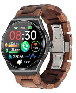 Knauermann PRO 3 (2024) Schwarz - Gesundheitsuhr Smartwatch mit Telefoniefunktion - EKG + HRV und SOS Funktion - AMOLED Display- BT Bluetooth - Schlafapnoe - Echtholzband Dunkelbraun, 14-24, rund