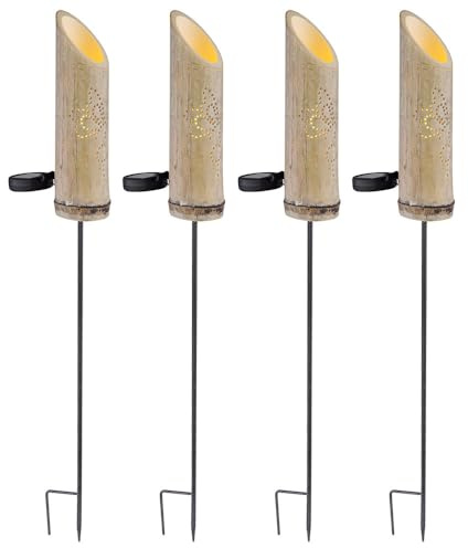 GLOBO Steckleuchte Bambus Solarleuchte Erdspieß Bambuslampe Solar, Dekor-Stanzungen, grün, LED warmweiß, DxH 12x79,5 cm, 4er Set