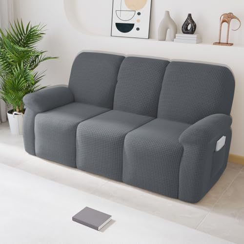Chickwin Funda Sillon Relax Reclinable 1/2/3 Plaza, Jacquard Funda Sillón Relax Reclinable con Bolsillos Laterales, 4/6/8-Piezas Funda Sofa Reclinable, Extraíbles y Lavables (3 Plaza,Antracita)