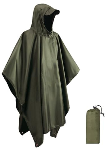 BDSHUNBF Vattentät regnponcho lätt återanvändbar regnponcho vuxen vattentät, 3-i-1 multifunktionellt regnskydd, poncho vattentät vuxen lätt vattentät regnrock för jakt cykling, grön, 1 st, one size