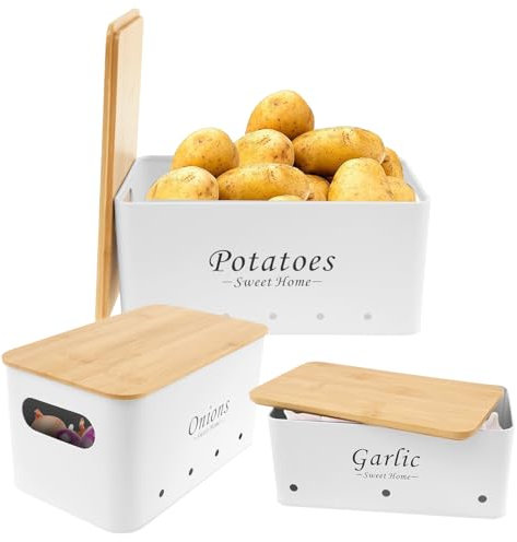 3Pcs Vegetable Storage Canister with Bamboo Lid & Handle, Carbon Steel Potato Onion Garlic Storage Bin Rustproof Kitchen Vegetable Keeper with Aerating Holes for Home Kitchens Pantry(White)