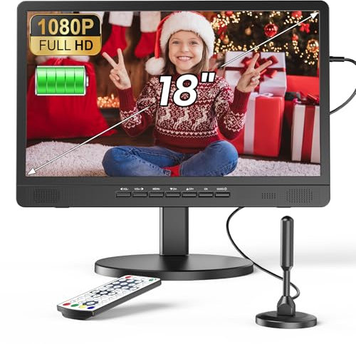 DESOBRY TV portatile da 18 pollici con antenna, batteria da 6000 mAh, piccolo televisore con Freeview, 12 V, mini TV con supporto per campeggio, camera da letto, cucina