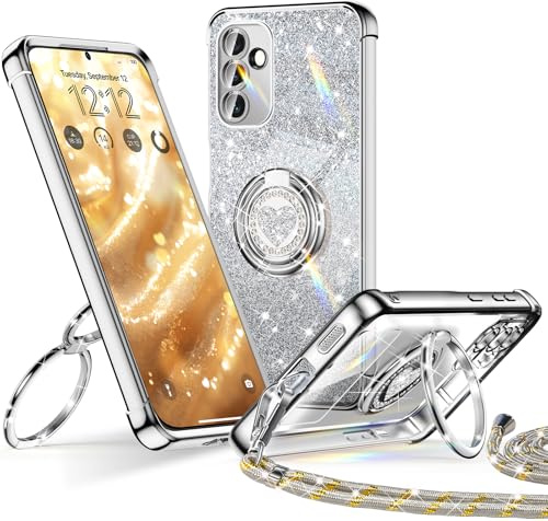 XYZ for Samsung Galaxy S25 Case with Stand, Soft Cute Luxury Love Heart with Lanyard for Women Girls, Double Ring Bling Glitter Clear Protective Phone Cover for Samsung S25 - Silver