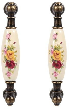 Hapivida 2 Stück Antiker Schrankgriff, Vintage Blumenmuster Schrankgriff Retro Möbelgriff Schubladegriff, Bronze Keramik Schrank Griffe Türgriff Porzellangriff Möbelknöpfe, Bohrlochabstand 96mm (#2)