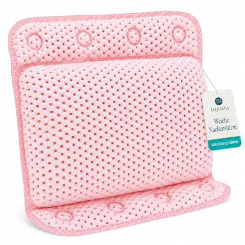 MIJOMA Coussin de nuque doux pour la baignoire avec 8 ventouses, repose-nuque confortable, séchage rapide et antidérapant, 29 x 30 x 5,5 cm, rose