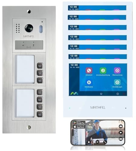MATHFEL 2-Draht-IP WLAN Video-Türsprechanlage mit RFID – Komplettset für 7-Familienhäuser mit 7X 7-Zoll-Monitoren, Full-HD-Bildauflösung, Edelstahl-Front und Farbnachtsicht.