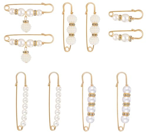 10 Stück Perlen Broschennadeln, Schleppennadel Brautkleid, Taillenspanner Perlenbroschen Set, Faux Perlen Sicherheitsnadeln Gold, Dekorative Brosche Damen, für Damenkleidung Anzughosen Röcke Hosen