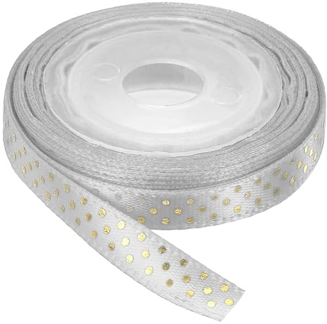 QUARKZMAN Nastro Grosgrain a Pois 5 Iarde 1/4 Grigio con Pallini Dorati Nastro a Pallini Fiocco Decorazione per Lavoretti, Incarto Regali, Matrimoni, Fai Da Te