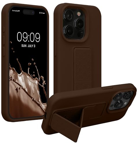 kwmobile Case for Apple iPhone 15 Pro Max Case - Soft TPU Cover with Silicone Coating - With Hand Strap and Stand Function - Shockproof - Chocolate
