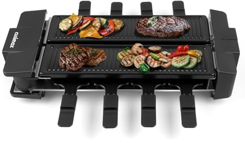 CUSIMAX Raclette Grill, Drehbarer Raclette mit 2 Separaten Grillplatten, 1400W Raclette für 8 Personen, 180° Drehbarer Elektrischer Tischgrill, 8 Pfännchen und 8 Holzspatel