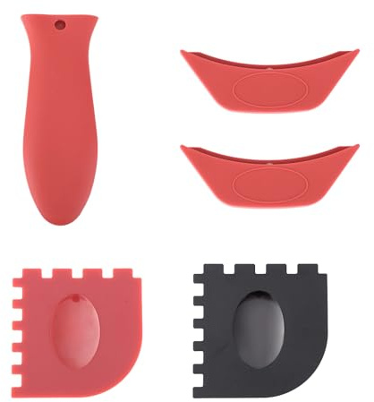 5pcs Silicone Handle Cover for Lodge Cast Iron Skillets, Includes Pan Grip Handle Cover 2 Assist Pot Holder Sleeves & 2 Grill Scrapers Heat Resistant Dishwasher Safe