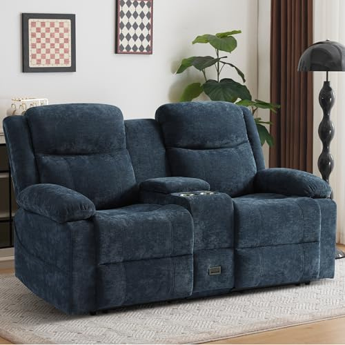 PALLOME Zweisitziges Relaxsofa mit manueller Liegefunktion, Stoffbezug, Mittelkonsole mit Becherhaltern & Seitentasche – Doppel-Liegesofa ideal für Wohnzimmer, Büro oder Wohnung (Blau)