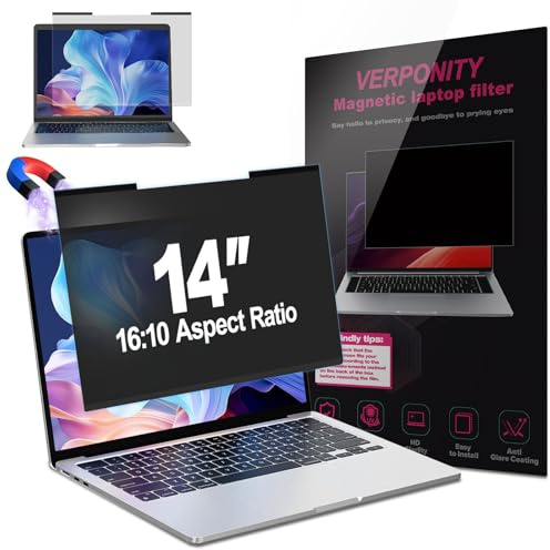 Verponity Magnetic Laptop Privacy Screen 14 Inch 16:10 Display, Removable Computer Screen Privacy Shield, Anti-Glare Blue Light Protector Compatible with Dell Hp Lenovo Acer Asus Samsung
