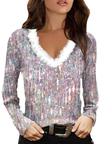Jultoppar för kvinnor UK V-hals paljett smal topp plus storlek smal passform uppklädd topp glittrande t-shirts glittrande blusar klubb streetwear mode kläder glitter vardaglig t-shirt Nicetops, Orange