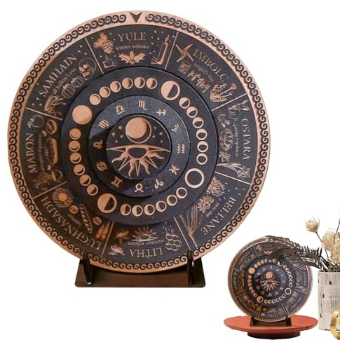 Wheel Of The Year Wood Sign With Stand - Engraved Wheel Of The Year Calendar Round Shape Tree Calendar, Wooden Dowsing Board Astrology Sign, Celestial Holidays Decoration For Cafes, Stores, Homes