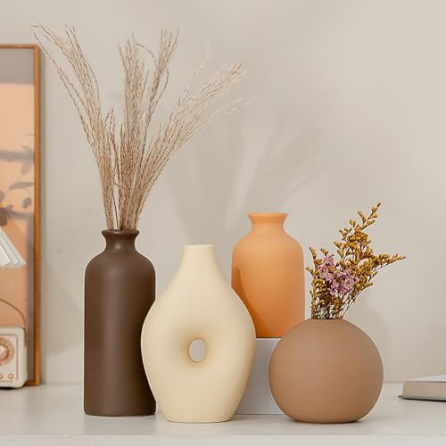 Set di 4 vasi in Ceramica,vasi in Ceramica per la Decorazione Domestica,Vaso Decorativo per Erba di Pampa e Fiori secchi,Decorazione per l'ingresso (Arancione,Marrone,Giallo terra,Beige)