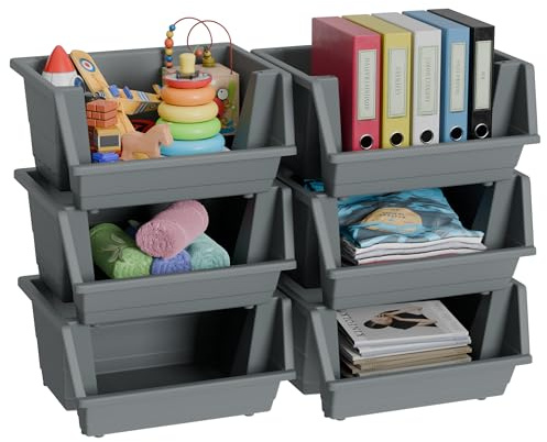 Knight 40L Stackable Open Storage Boxes | Multi-Purpose Plastic Storage Containers for Home, Office & Garage | Storage Bins for Clothes,Toys, Tools & Household Storage | Grey - 6Pack.
