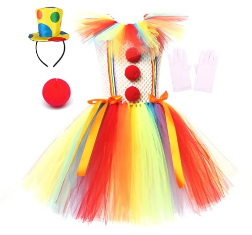 Genérico Disfraz Payaso Niña 4 Pcs Ropa De Circo con Vestido Diadema Nariz Roja Guantes Clásico Cómodo Falda Tutú Disfraces para Carnaval Fiesta Cosplay