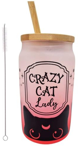 La Ruotante Bicchiere in vetro con coperchio e cannuccia in bambù, 350 ml, idea regalo (crazy-cat)