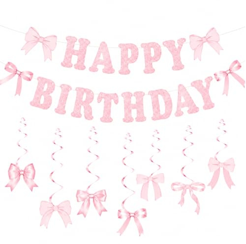 Banderola Feliz Cumpleaños Rosa con Nudos, Decoración Fiesta Cumpleaños, Guirnalda de 15 cm con Espirales y Fijaciones