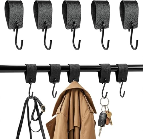 ikBrtaiay 10 Stück S Haken für Kleiderstange, S Haken Schwarz Mit Lederschlaufe, Garderobenhaken Schwarz, Kleiderhaken Garderobe, für Küche, Schrankaufhängung, Bad Schlafzimmer, Wohnzimmer