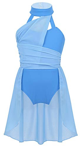 YEAHDOR Vestido de Danza Ballet para Niña Chica Maillot Gimnacia con Falda Asimétrico de Gasa Vestido de Danza Lírica Traje de Danza Contemporánea A Azul 14 años