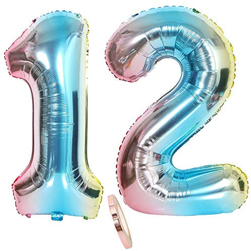 2 Numero di Palloncini 12, Numeri 12 Anni Compleanno Decorazioni Arcobaleno Blu Bambina Ragazzo,Colorati Blue 40 Gigante Foil Elio Palloncino Gonfiabile Balloons Happy Birthday Festa (XXXL 80cm)
