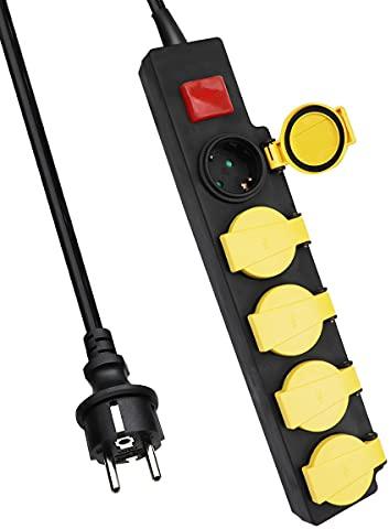 EXTRASTAR 5 Fach Steckdosenleiste Außen mit Schalter & Kinderschutz, IP44 | 2m Kabel, IP44 Wasserdicht, Schuko-Steckdosen, 16A/230V, 3500W, Mehrfachsteckdose Outdoor geeignet, Schwarz