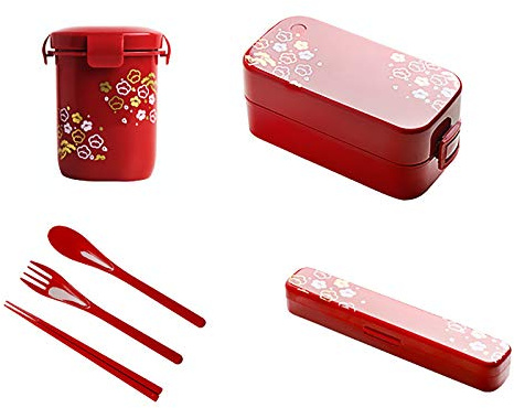 Boîte à repas japonaise double couche Bento Chauffage micro-ondes Boîte à repas avec pot à soupe Rouge