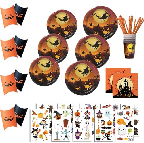 TENGYUE Service de table Halloween 85 pièces pour fête d'Halloween,Assiettes en carton gobelets pailles bonbon box citrouille tatouages autocollants,fête effrayante,jardin (10 pièces)