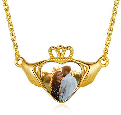 Custom4U Benutzerdefinierte Halskette mit Herz-Krone Foto Anhänger mit Motiven-Gravur S925 Silber Herz-Medaillon Foto Bilder Amulett Halskette in Gold mit 41cm+5cm Kette für Erinnerungsschmuck