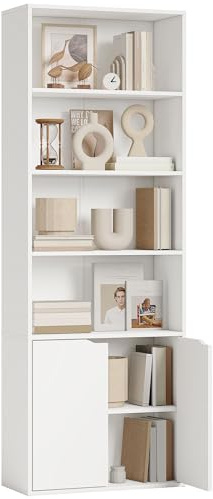 HOMCOM 6-Tier Tall Bookcase, Bookshelf with 4 Open Shelves and Double Door Storage Cabinet, Freestanding Display Rack for Living Room, Bedroom, Home Office, Study, 59 x 29 x 180cm, White