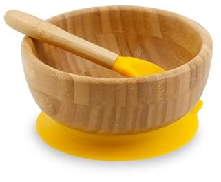 BIOZOYG Rundes Bambus-Schüssel-Set I Saugnapfschale mit Löffel – FSC-zertifiziert I Schüssel-Set für Kinder – Breischüssel für Babys & Müsli I Bambusgeschirr rund gelb