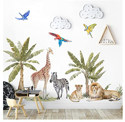 Grandora Dschungeltiere Wandsticker Safari Zebra Giraffe Löwe Wandtattoo für Kinderzimmer Wandaufkleber Tropische Bäume Babyzimmer Deko DL842-2