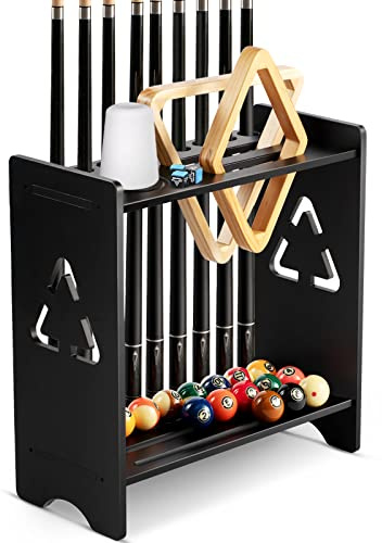EXTCCT Pool Stick Holder Floor Stand, Wood with Cone Chalk Holder, Black | Billiard cue holder, built-in cone chalk holder and accessory organizer, perfect for classic game rooms.