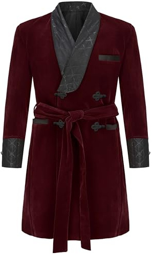 Apornipal Men's Long Velvet Smoking Robe Double Breasted Jacket Blazer with Belt for Dinner Wedding Party (Wine Red,46R)