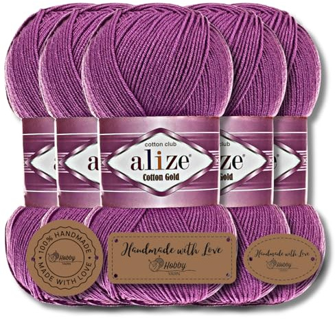 Hobby YARN 3x Etikettenlabel mit Alize Cotton Gold Wolle Premium 5x100g als Set, Yarn, Garn, Sommerwolle, Baumwolle, Strickgarn, Einfarbig, Baby, Kleidung, Schals (Onion Flower - 122)