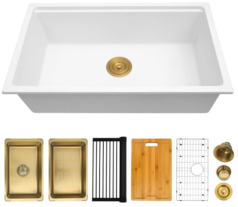 YAQUN White Undermount Kitchen Sink 30 Inch - Drop In Granite Quartz Composite Workstation Sink - Deep Single Bowl,Dual Mount,with Accessories (White, 30 x 18)