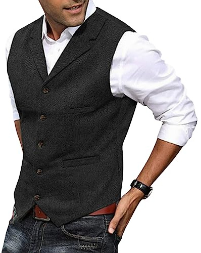 Oanviso Gilet da Abito da Uomo Classico Gilets in Tweed Slim Fit Gilets Casual Matrimonio Abito Gilet Scollo a V Elegante Waistcoat Senza Maniche Panciotto per Groomsmen Colore Solido A Nero XS