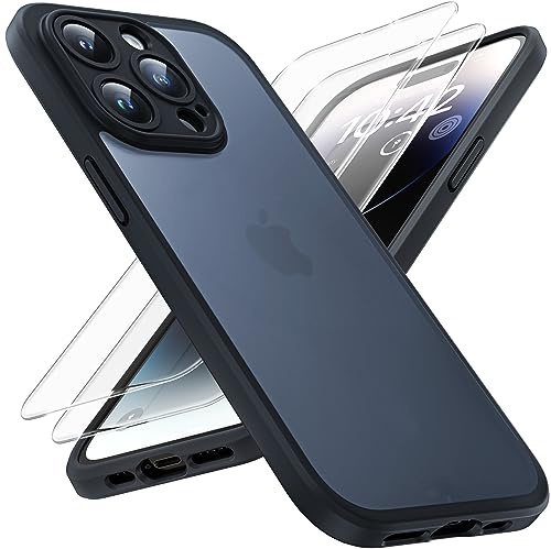 TOCOL 3 in 1 for iPhone 14 Pro Case, with 2 Pack Tempered Screen Protector [Upgraded Full Camera Protection] [Military Grade Drop Tested] Translucent Matte Back Non-Slip Slim Cover 6.1 inch, Black
