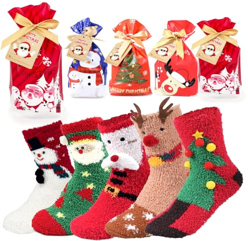 iZoeL Chaussette de Noel 5 paires Chaussettes Femme 36-42 Chaussettes Chaudes/Hiver/Thermiques/Motifs/Noël, Chaussettes Noel Avec Sac Cadeau, pour Papa Maman Fils Fille Petit-fils Petite-fille Cadeau