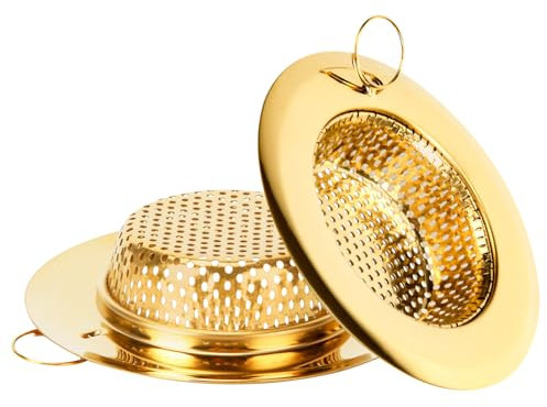 Blueden 2 Pack Kitchen Sink Strainers with Pull Ring, Large Wide Rim of 4.33 Inches Diameter, Stainless Steel Drain Strainers Basket for Kitchen Sink, Dishwasher Safe, Gold
