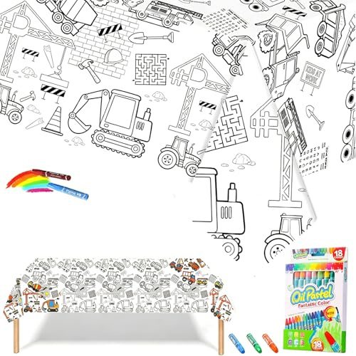 Nappe à Colorier pour Enfant en Papier,119,4x180,3 cm Coloriage Geant Véhicule Génie avec 18 Stylos de Peinture,Jeux Anniversaire Enfants Activités DIY Décoration de Fête Rouleau Papier Dessin