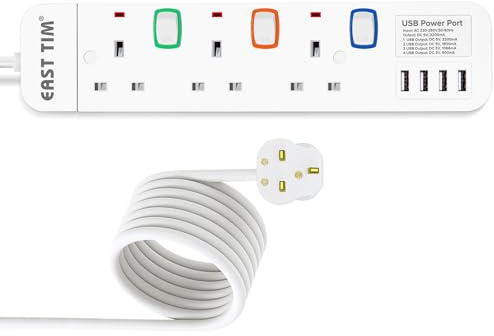 East Tim Extension Lead with 4USB Slots 3 Ways Outlets 3250W Power Strips 3 Metre Surge Protection Power Extension Cord White BS Plug Adapter Extension Socket for Home, Bedroom, Kitchen and Office