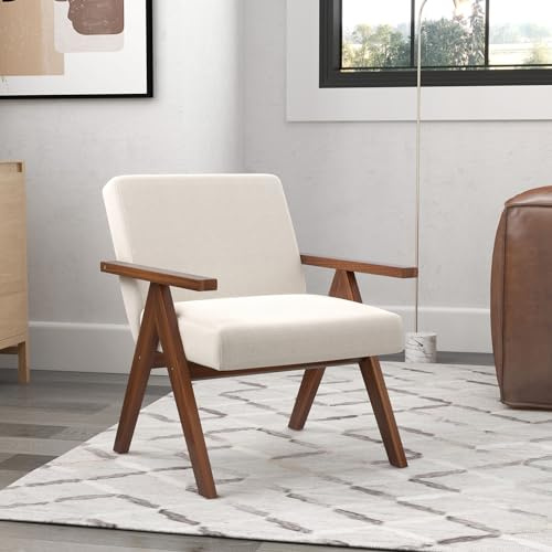 Giantex Modern Accent Chair, Linen Fabric Armchair with Solid Acacia Wood Frame, Soft Padded Cushion, Anti-Slip Foot Pads, Max Load 330 Lbs, Comfy Living Room Chair for Bedroom, Beige