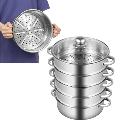 Cuiseur vapeur à 4 étages en acier inoxydable, 26 cm, Grande casserole empilable avec couvercle et poignées - Cuiseur vapeur de cuisine pour cuire à la vapeur du maïs, des boulettes,du poisson