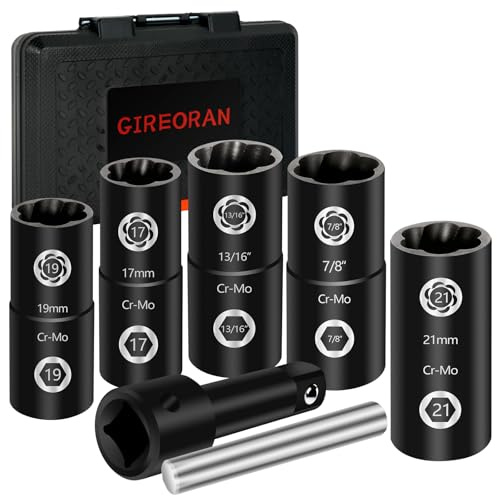 GIREORAN 2 in 1 Lug Nut Socket Set & Wheel Lock Removal Kit, 7 Piece Flip Socket Design Lug Nut Remover for Installing Standard Hex Nut, Bolt and Removal of Stripped, Rusted, Rounded-Off Bolts, Nuts
